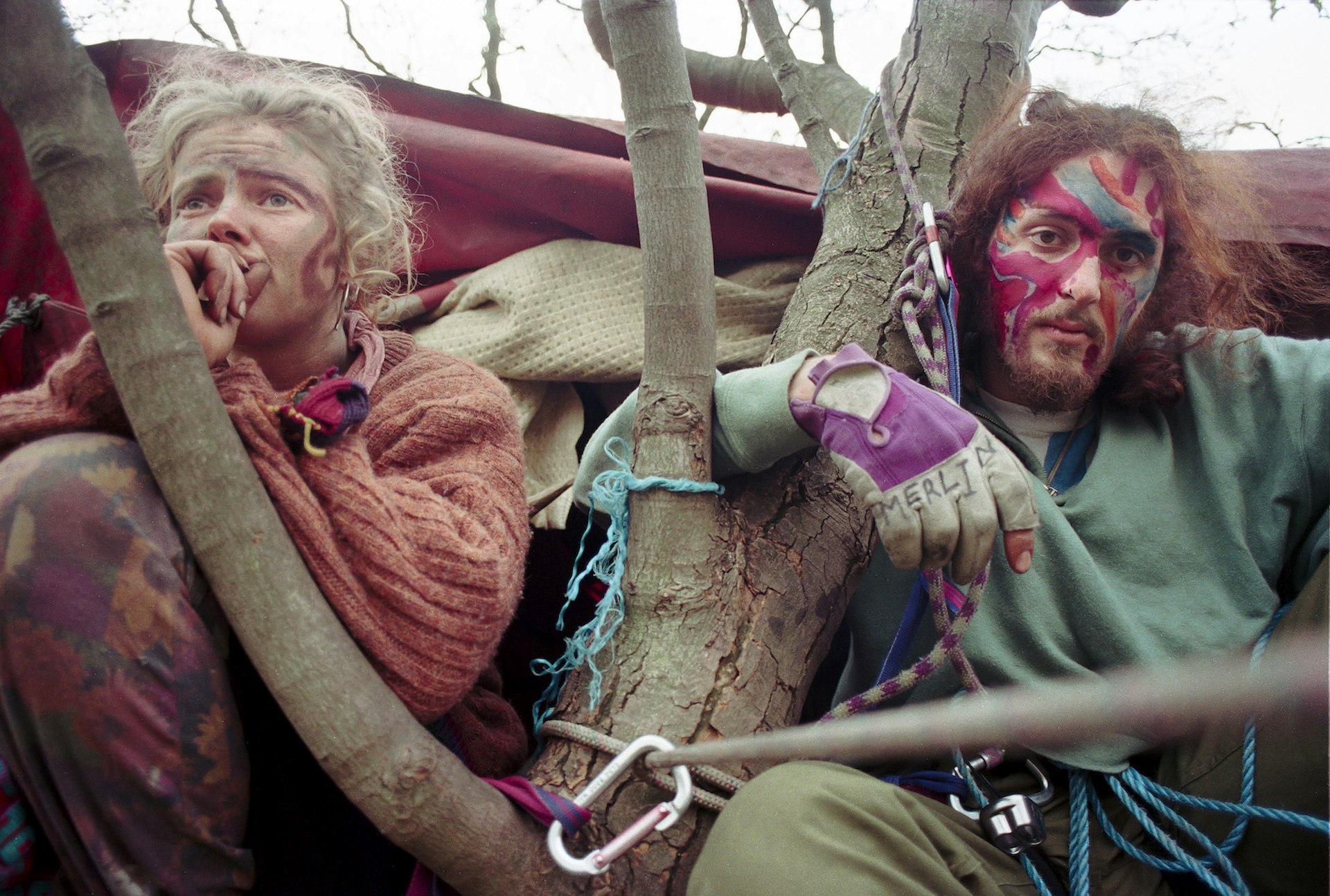 Photos of UK activists occupying tree tops in the ’90s