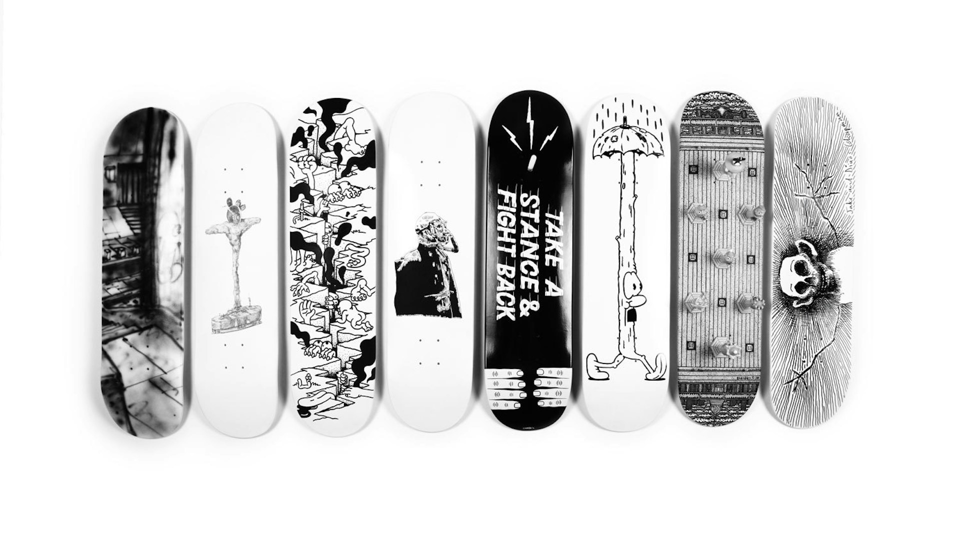 World-class artists render skateboards in black and white