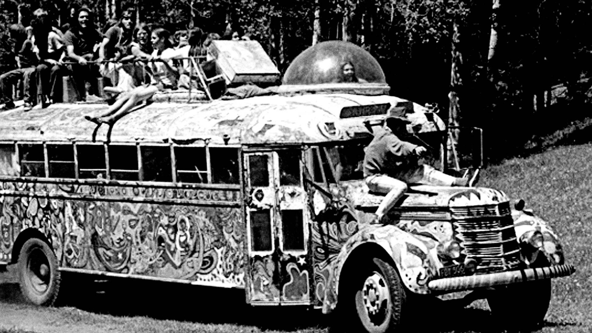 Ken Kesey and the Merry Pranksters roll into town on their psychedelic ride, ‘Further’, during the Great Bus Race in Aspen Meadows, Santa Fe, New Mexico. Summer Solstice, June 21, 1969. Photo by Lisa Law