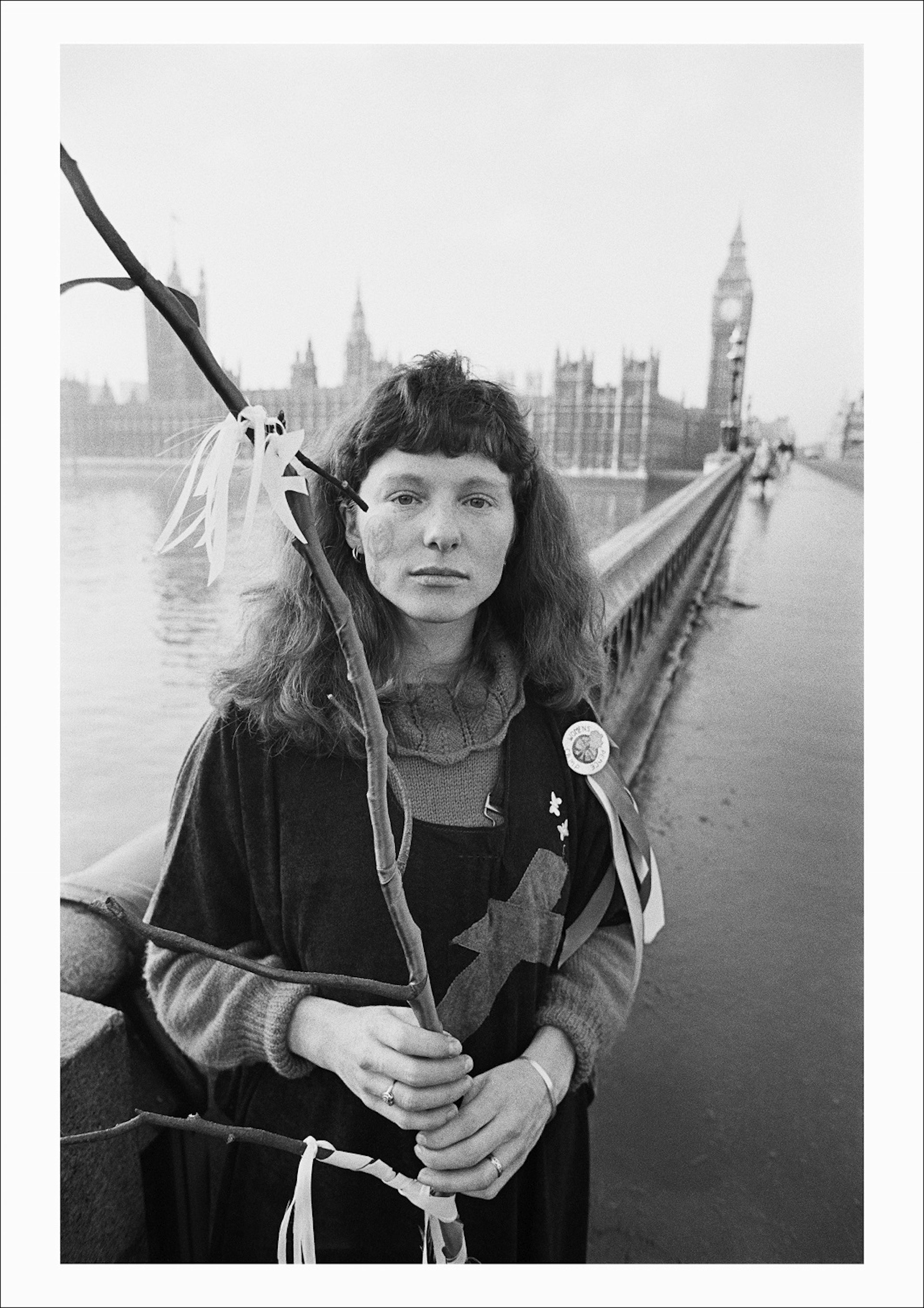 A protester from the Women's Peace Camp at RAF/USAF Greenham Common after keening in Parliament Square, Westminster, London, 1982