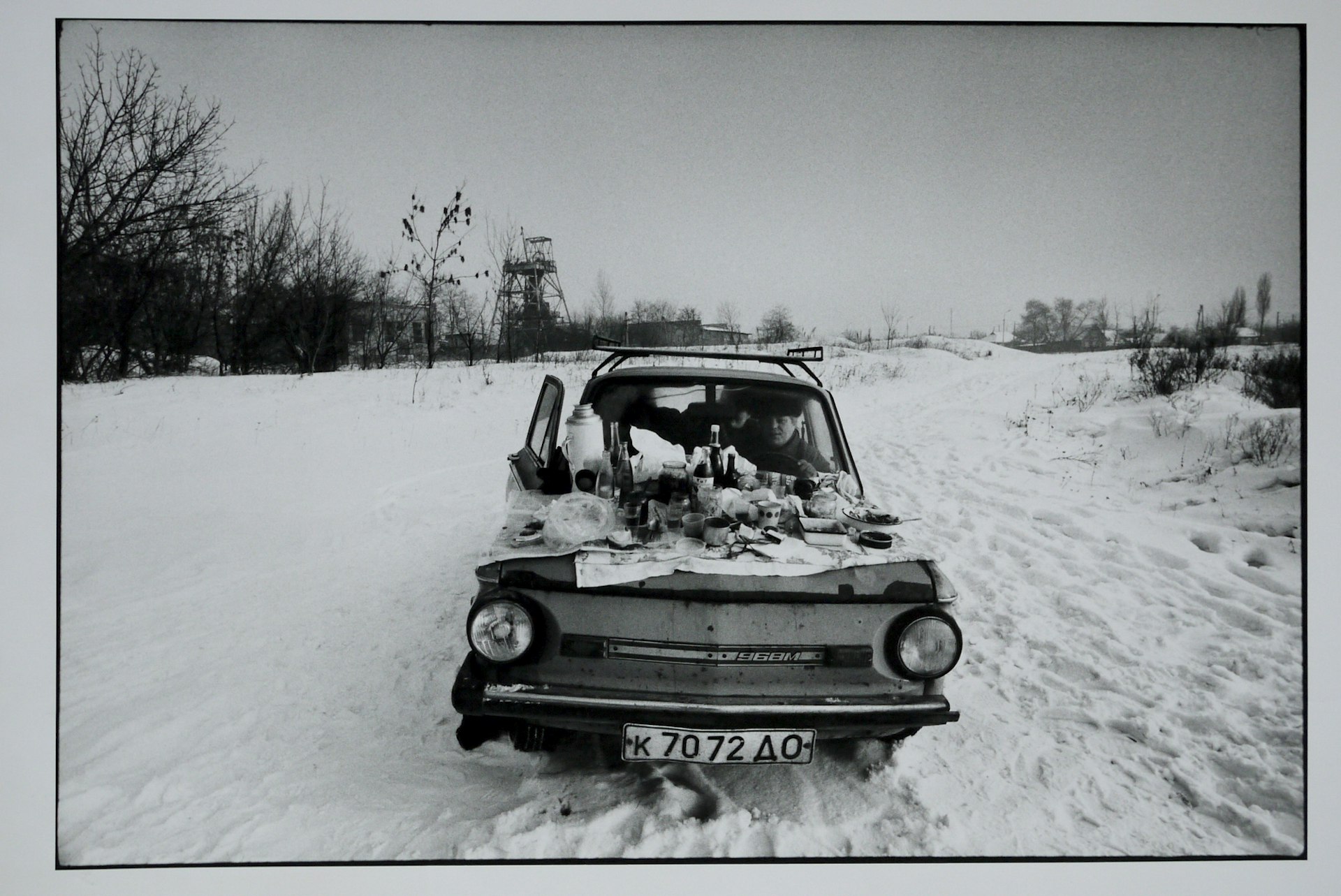 A family tries to keep warm in their car on New Year's Day, 1992. The temperature was -15C. 