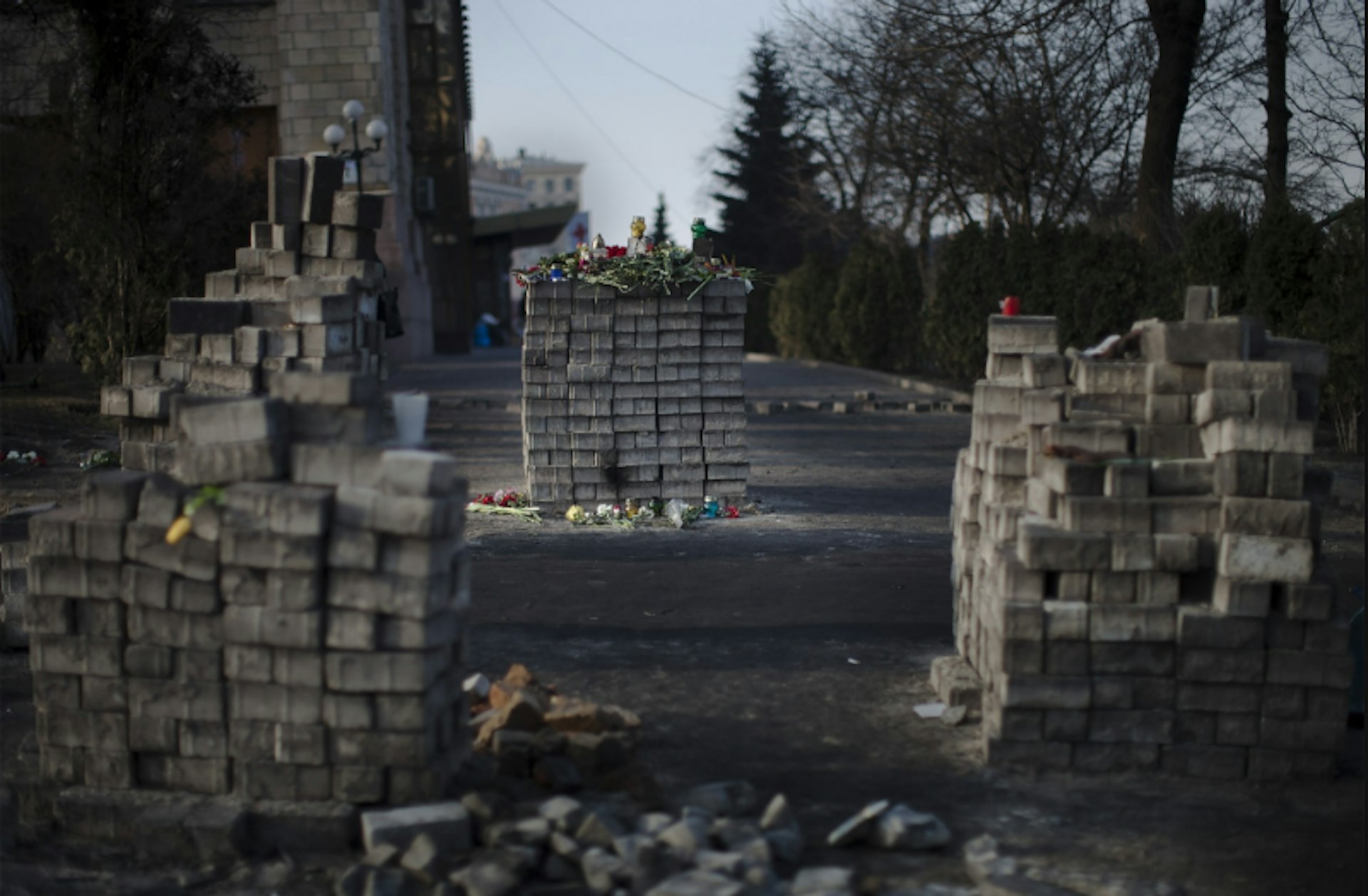 Piles of bricks to memorialise where protesters had been shot. Kiev, February 2014.