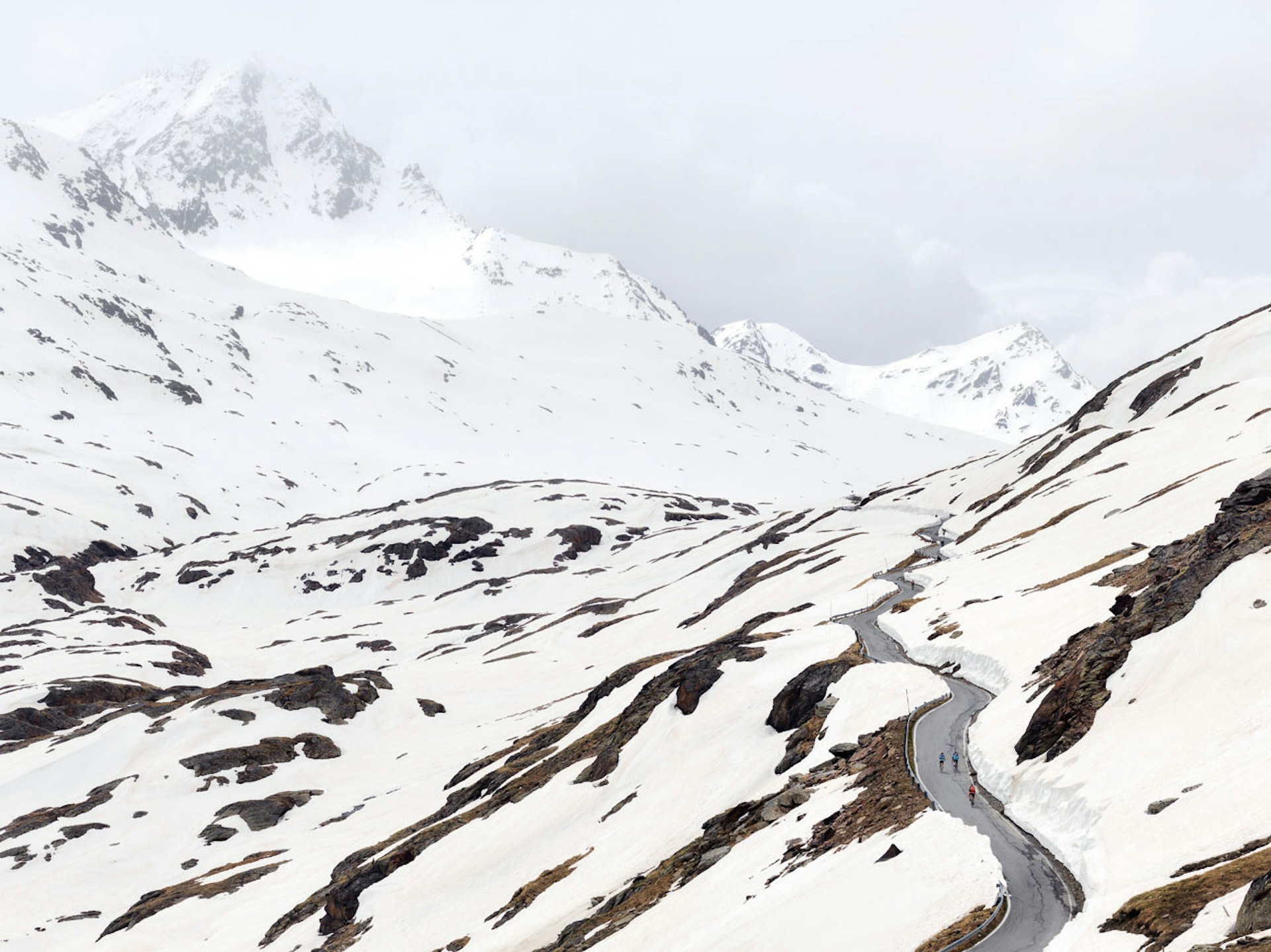 Gavia Pass, its slopes covered in snow