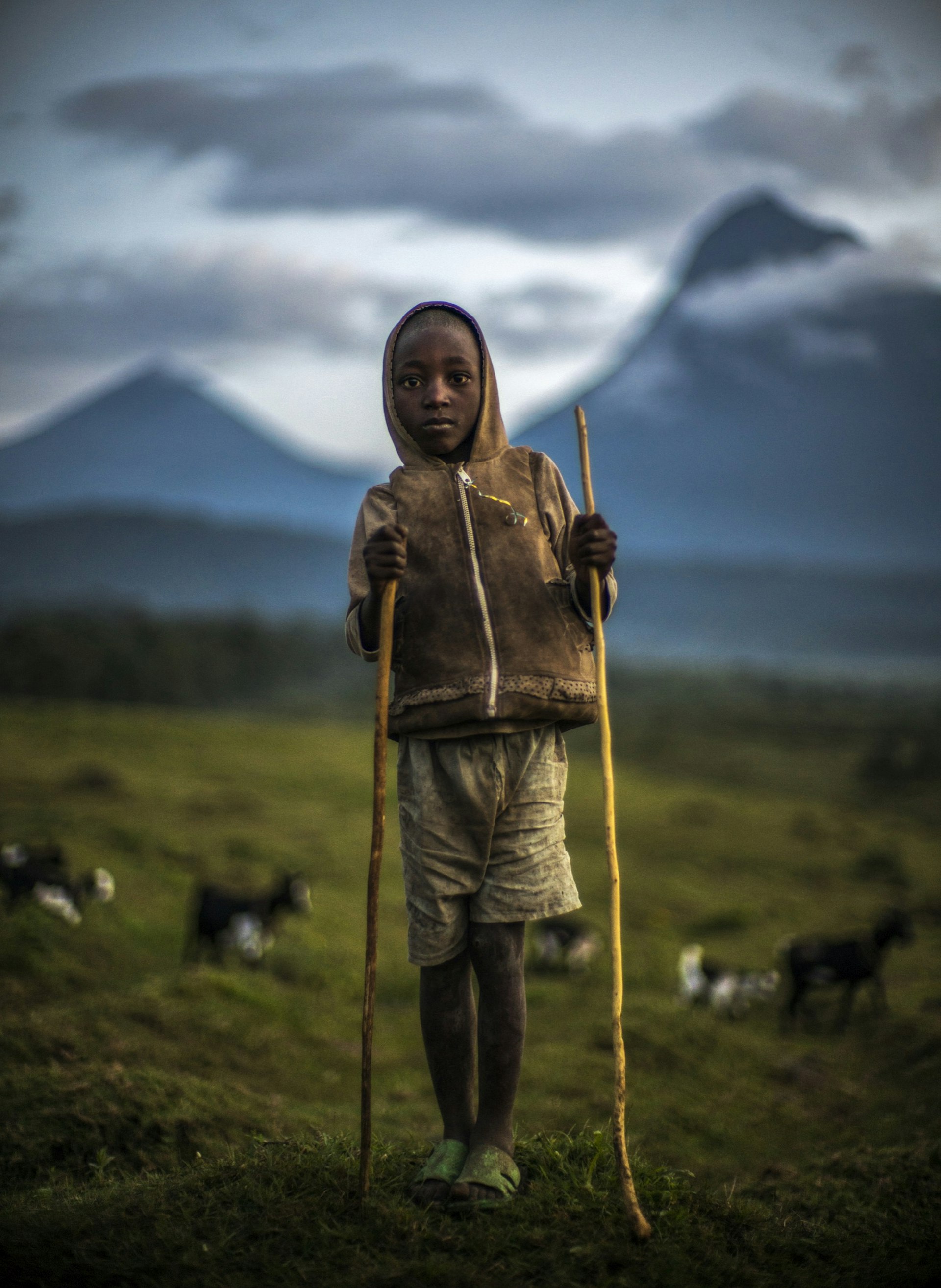 Sheepherder with Mount Mikeno. North Kivu, Democratic Republic of the Congo. 2016.