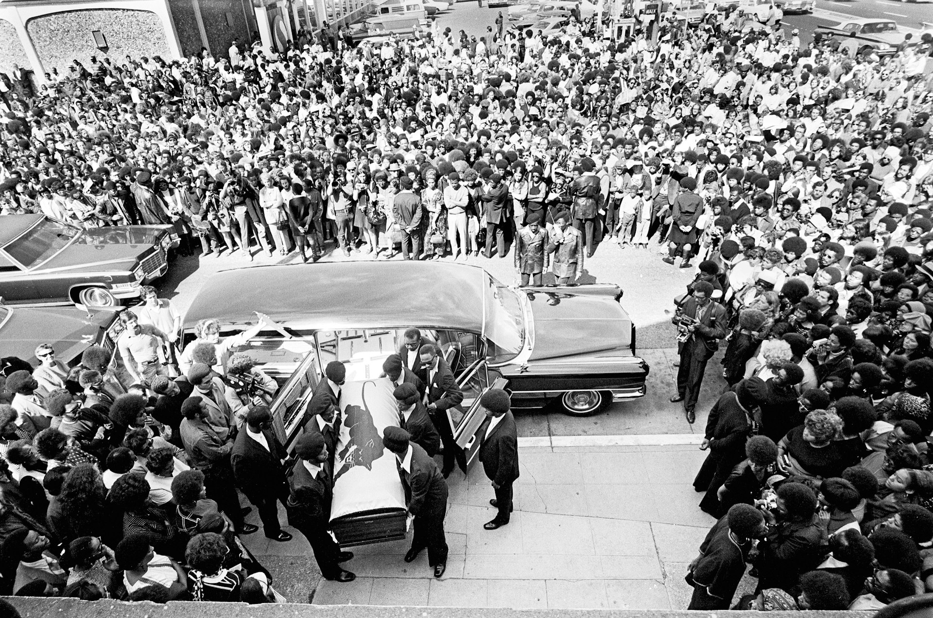 George Jackson’s coffin carried into St. Augustine’s Episcopal Church, Oakland, August 28, 1971