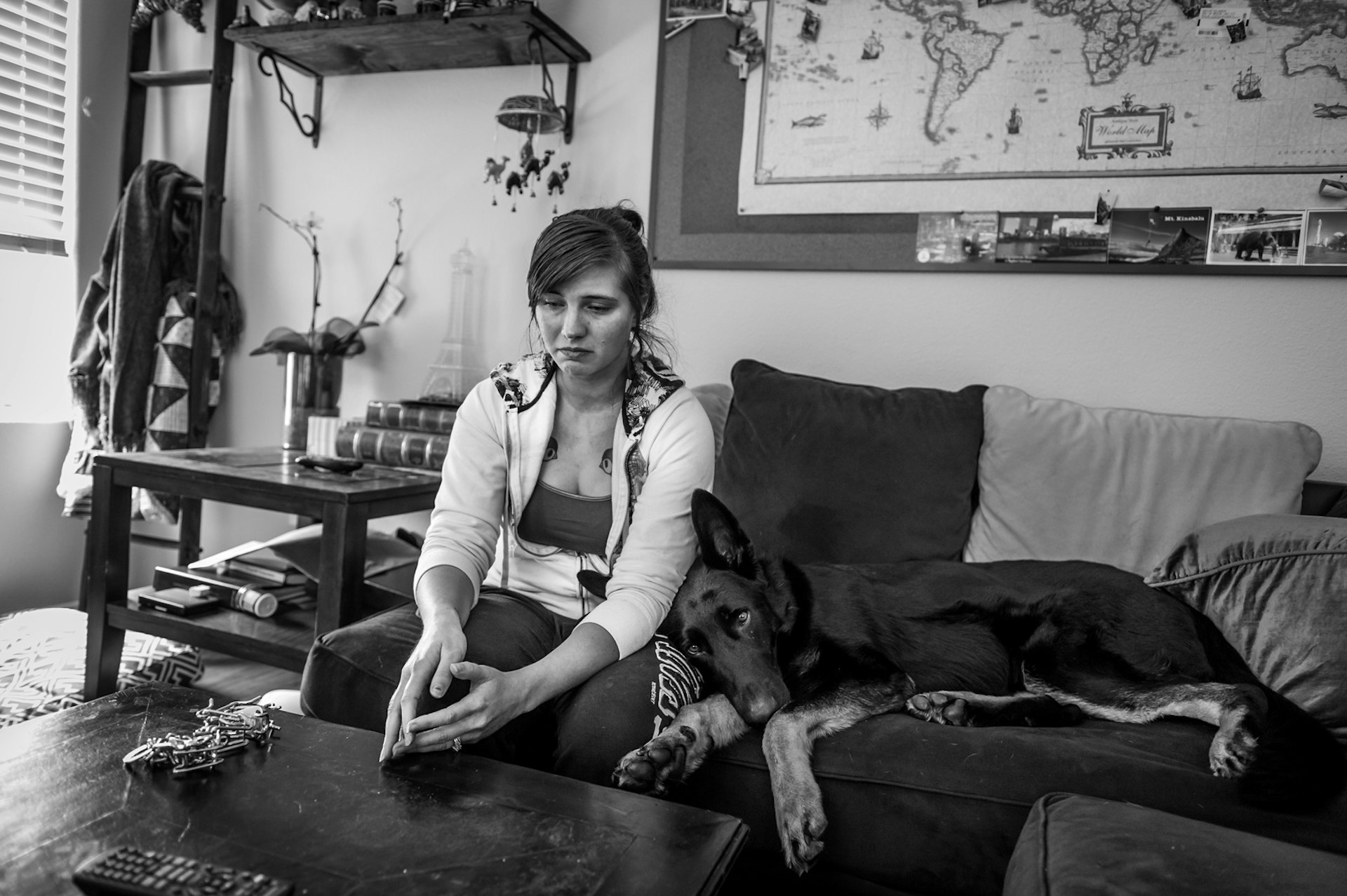 Brittany Fintel was forced to leave the US Navy after she was pinned down on a bed by her lead petty officer while stationed in Bahrain. When she reported the incident she was told she had an 'adjustment disorder'. "They kick the victim out. The victim is apparently more fucked in the head than the rapist," she says. Her PTSD service dog Indiana is never far from her side. Photo: Mary F. Calvert.
