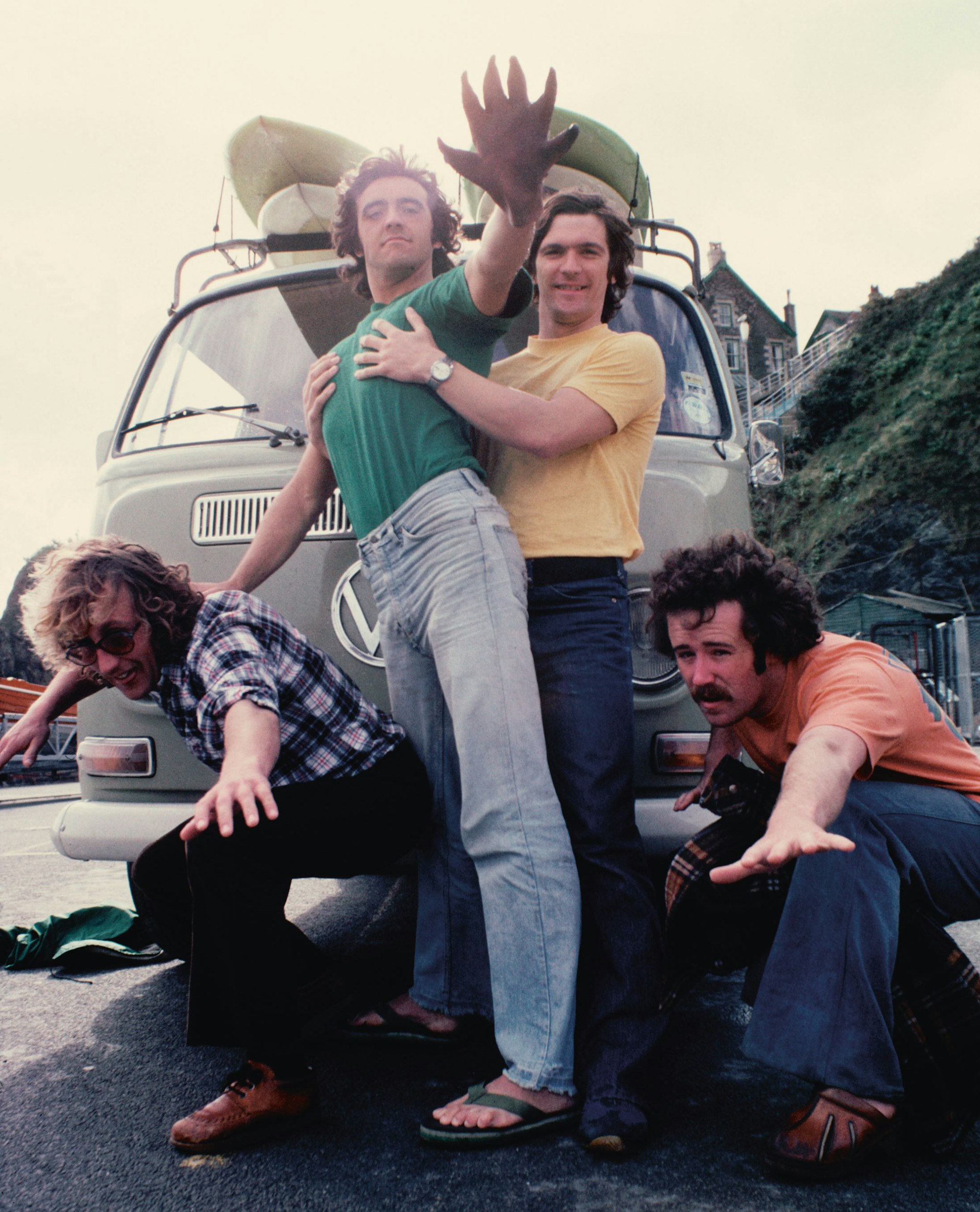 Left to right: Frank Paul, Kevin Rankin, Sandy Lamont and Pat Kieran. "'Deef Hon' was a rubber glove who lived in the van. Whoever drove the van had to wear him and give hand signals instead of indicating! Deef Hon [Deaf Hand] was so named because he had no ears!" – Kevin Rankin. Photo by Andy Bennetts