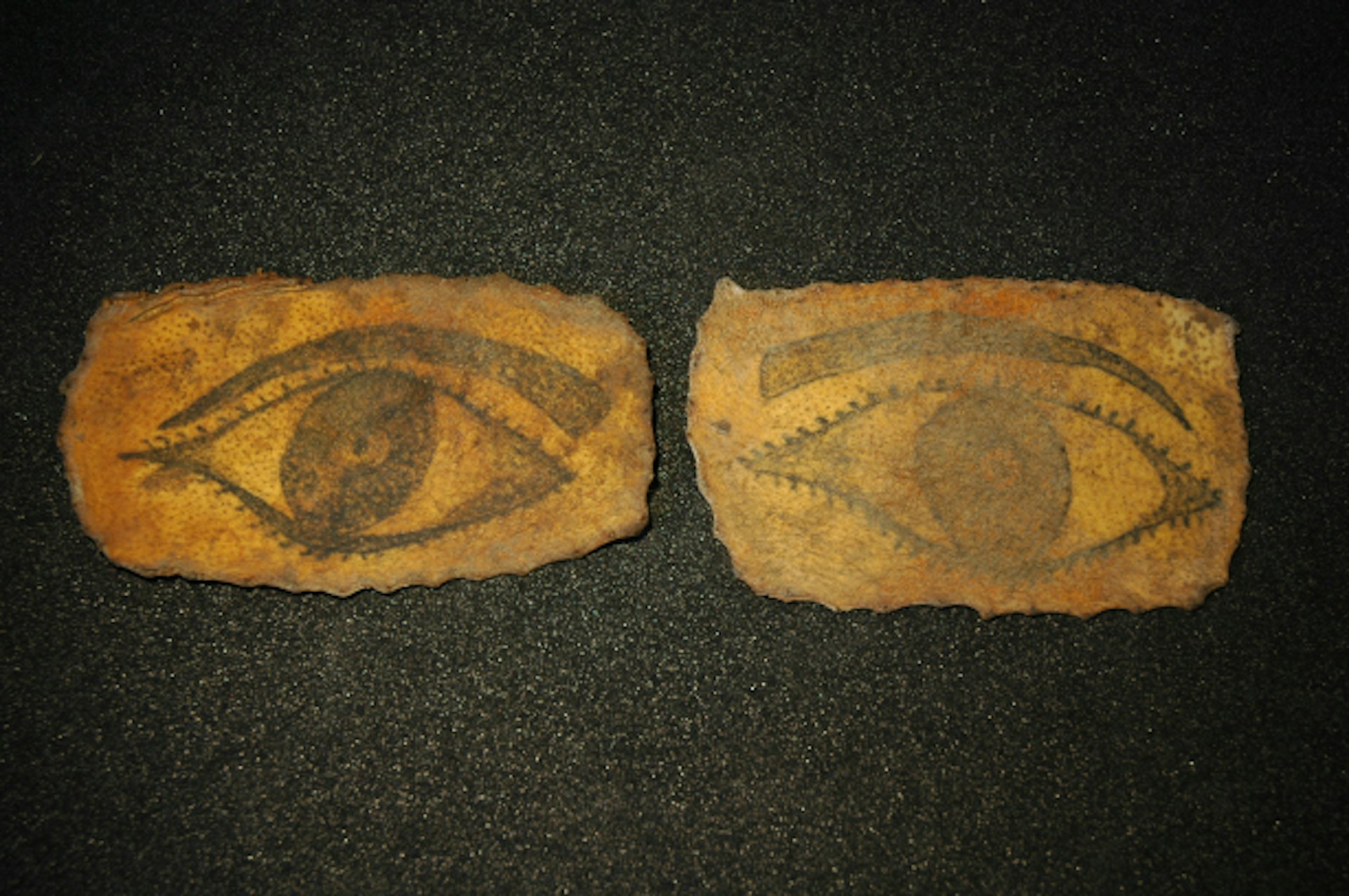 A pair of tattooed eyes. Preserved human skin (Science Museum Object) Photograph Gemma Angel, courtesy of the Science Museum, London
