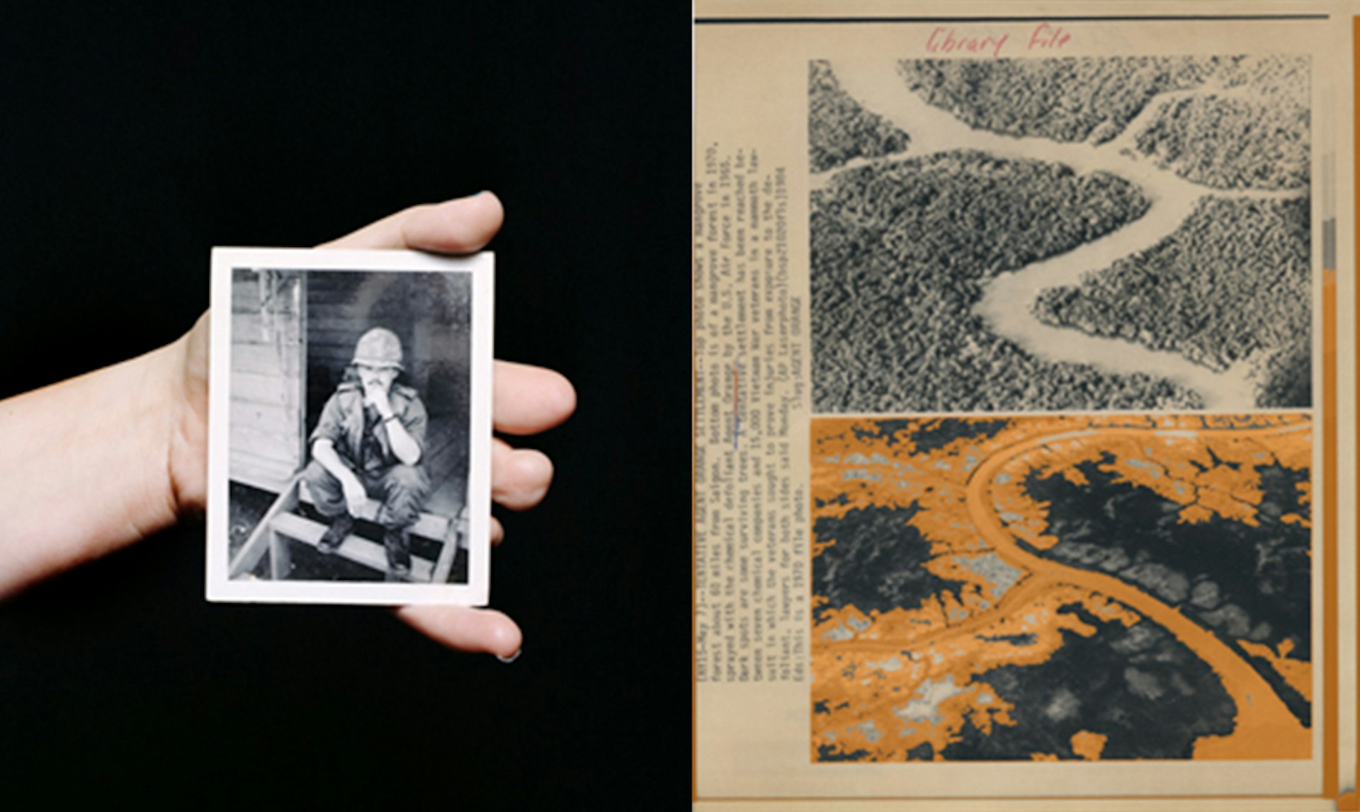 Left: Heather Bowser holds a photograph of her father, Morris, who served in Vietnam areas sprayed with Agent Orange. Photo by Mathieu Asselin. Right: Archival material. © US Herbicide Assessment Commission. Photographic intervention by Mathieu Asselin.