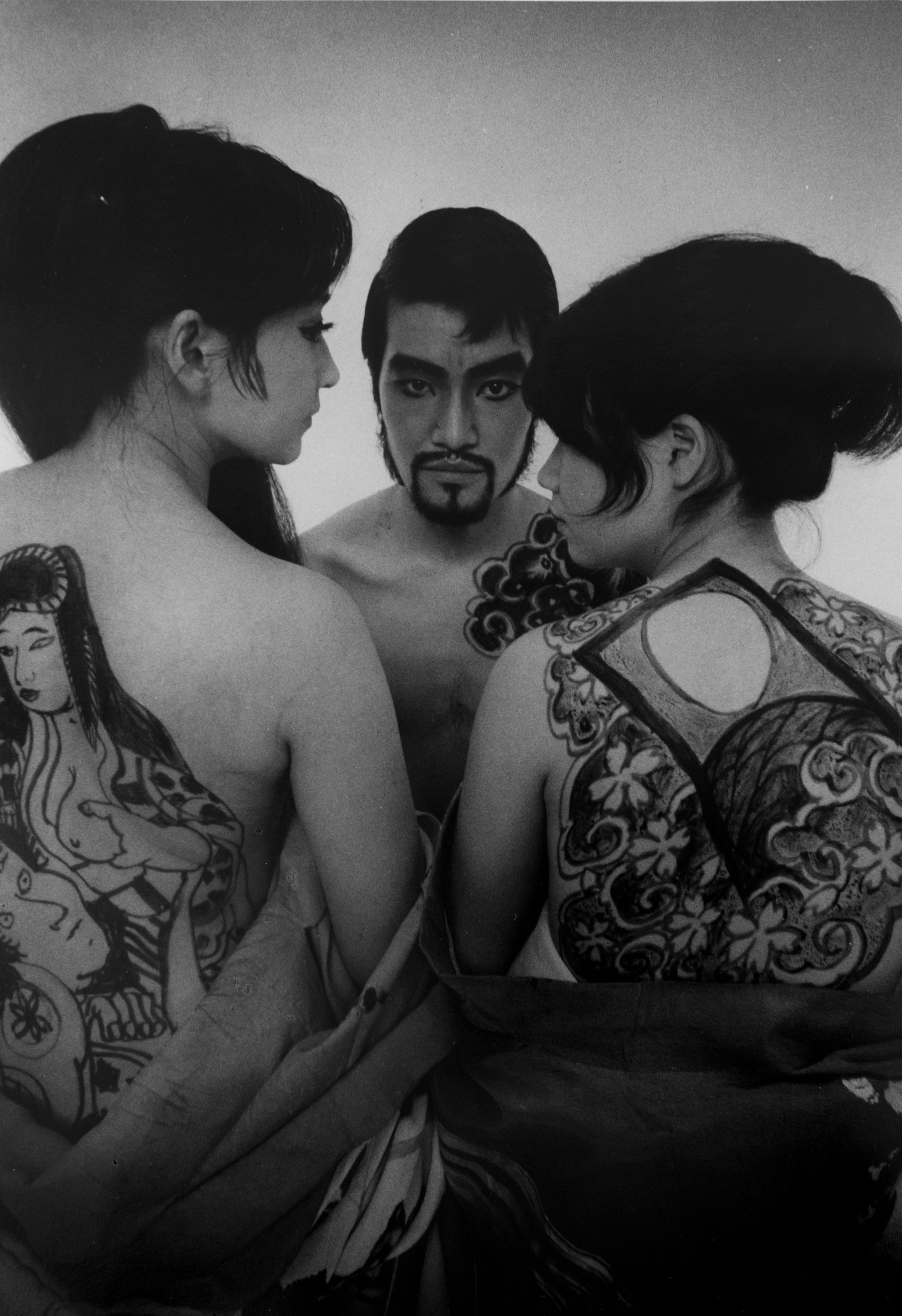 Tenjo Sajiki theater group, 1968 (drawings on womens backs and man)