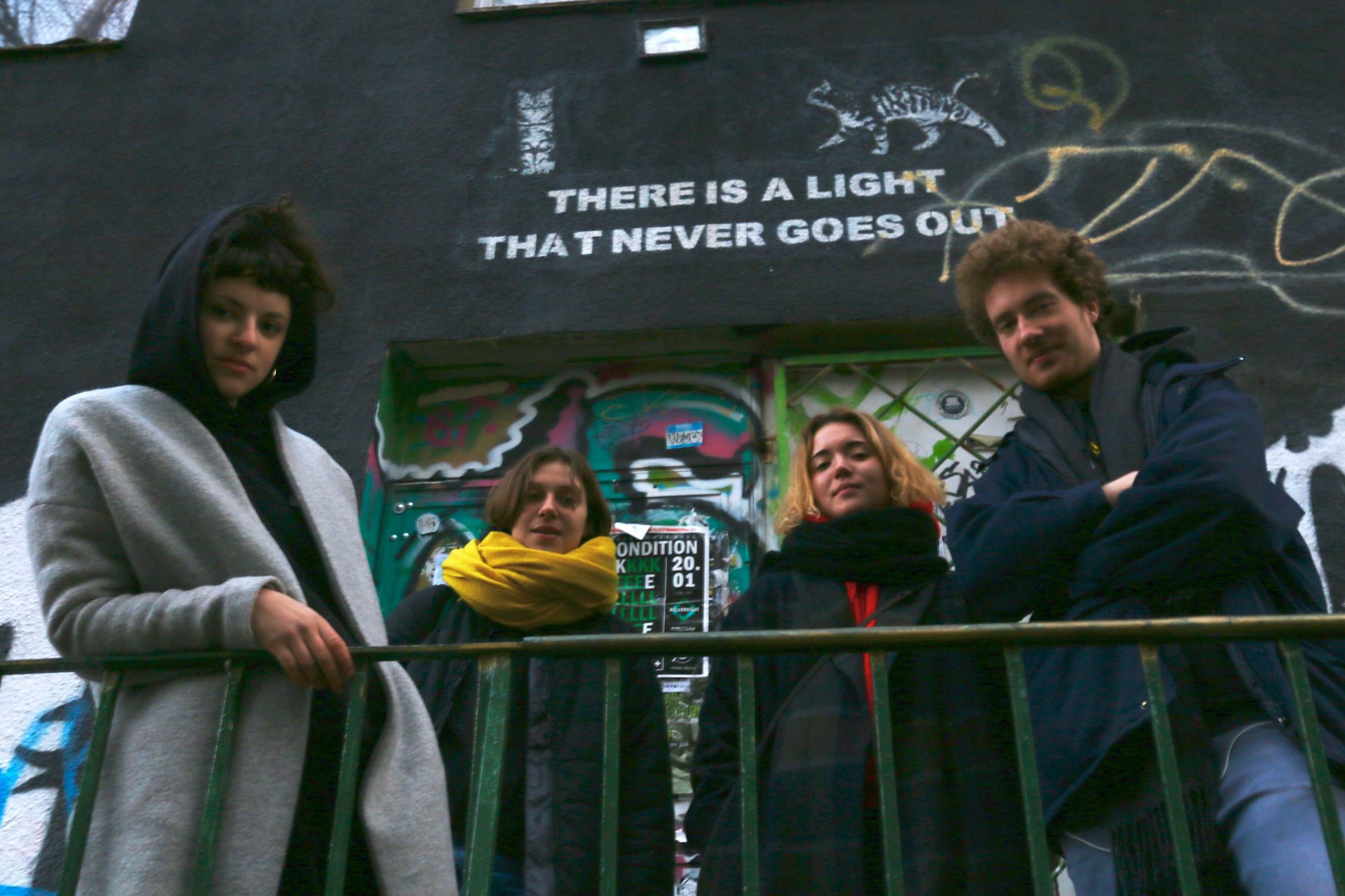 Four of the eight members of Flauta in front of the Przychodnia squat. From left to right: Zofia Kofta, Julia Niewiada, Tosia Ulatowska, Marek Tarnowski.