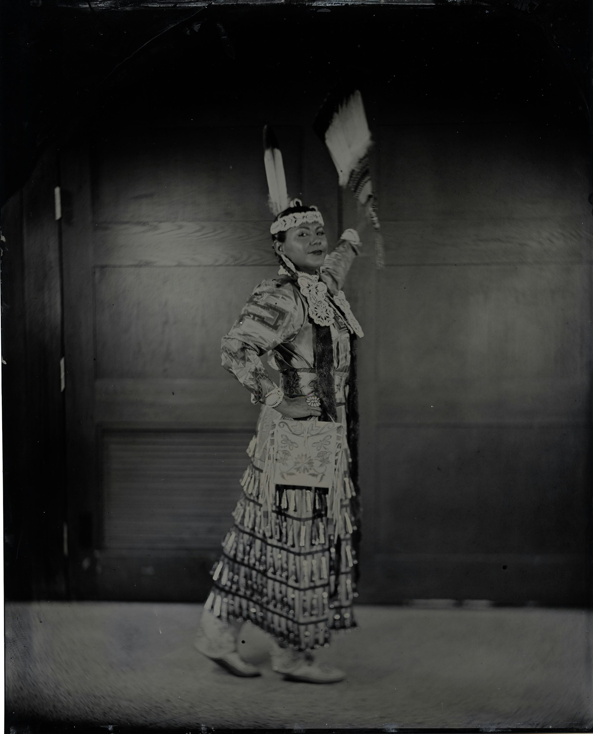 Talking Tintype, Madrienne Salgado, Jingle Dress Dancer/Government and Public Relations Manager for the Muckleshoot Indian Tribe, Citizen of the Muckleshoot Nation, 2017, from the series Critical Indigenous Photographic Exchange, Will Willson.