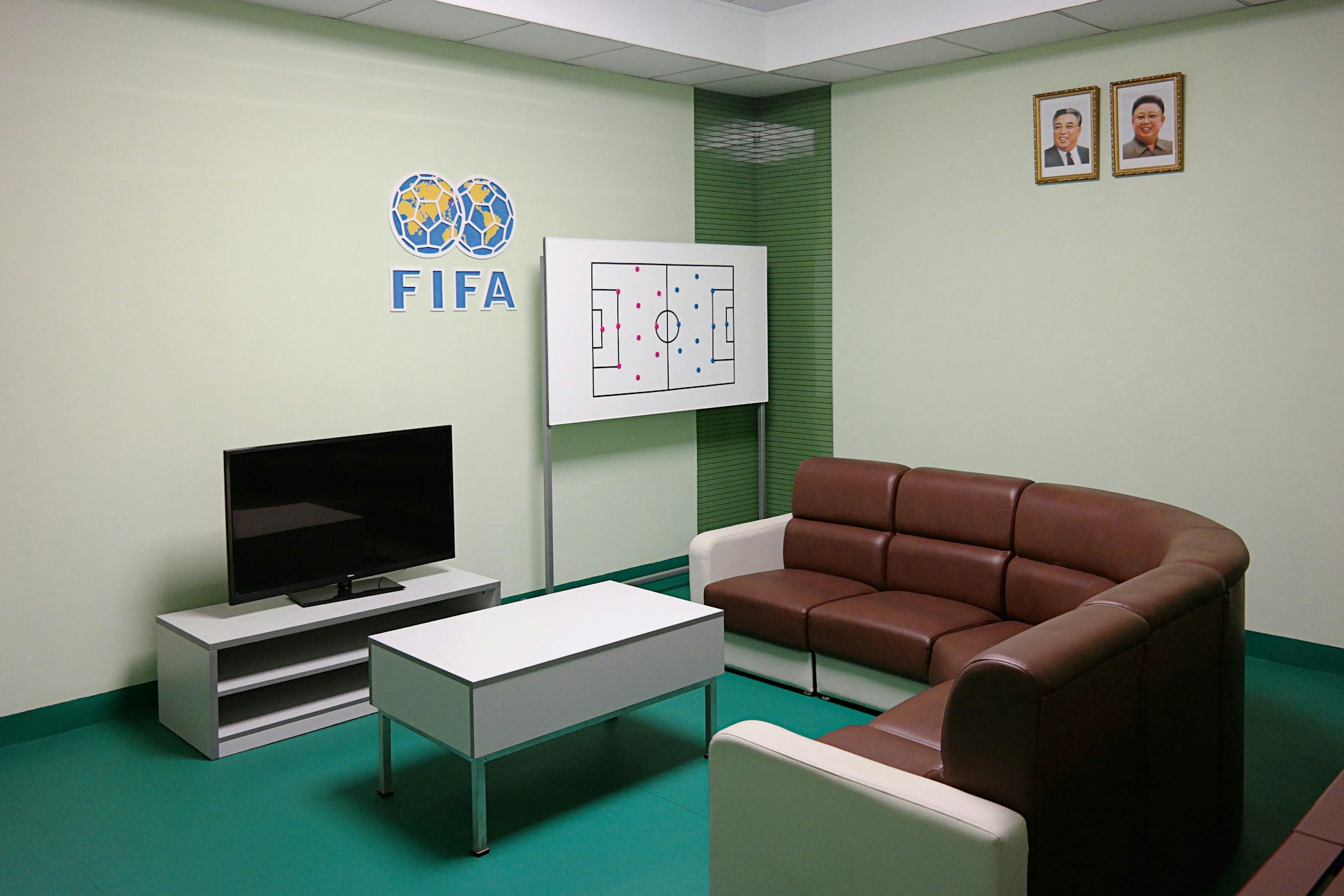 The recently renovated support rooms of the Rungrado May Day Stadium embody the essence of the current North Korean interior aesthetic, with their complementary colour schemes and synthetic, wipe-clean surfaces. Built in 1989 and used for the Mass Games performances for years, the stadium reopened in 2015 with a new football pitch and running track, as well as the optimistic addition of the FIFA and Olympic logos.