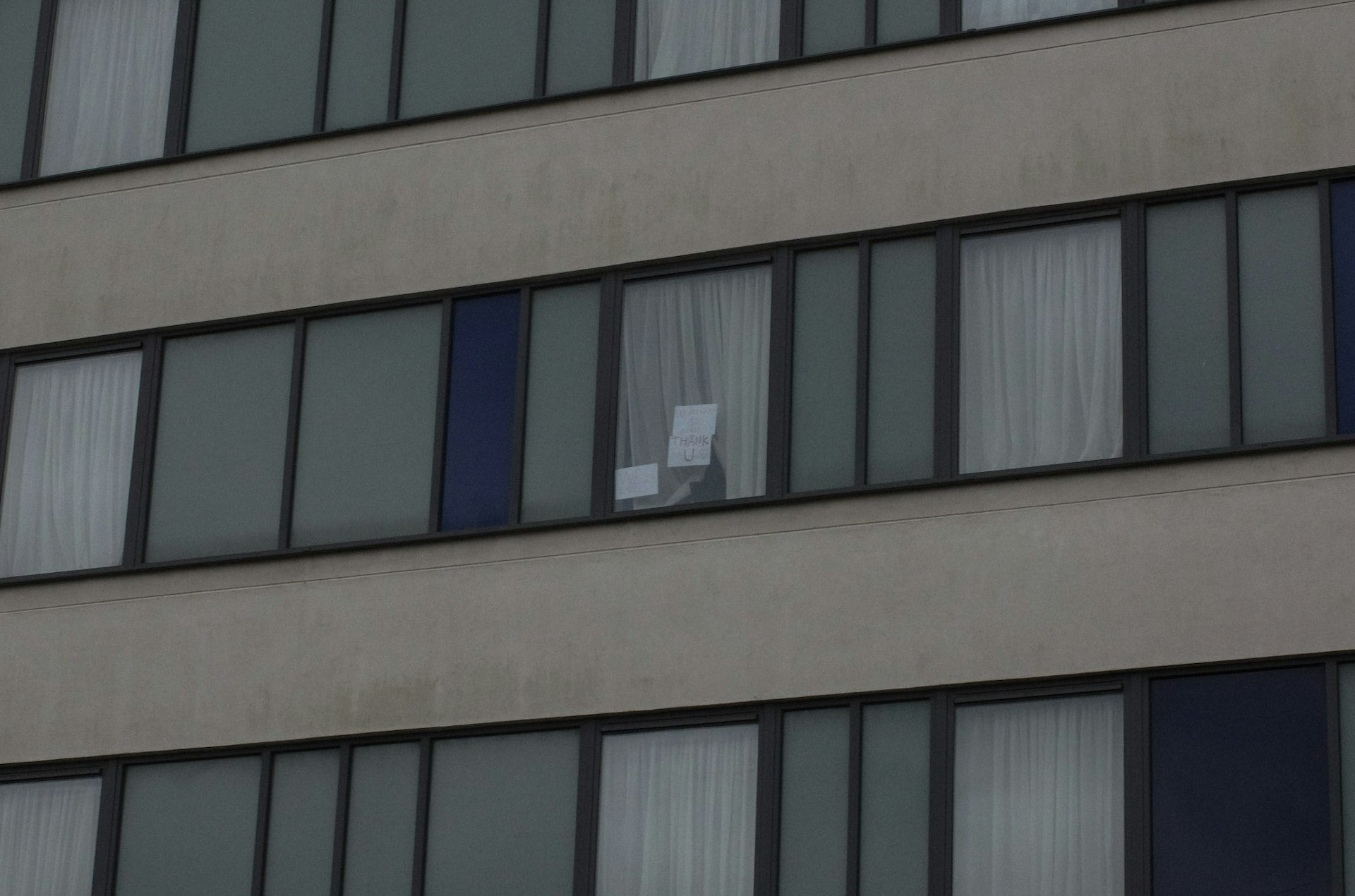 A message of thanks from the window of a hotel in Rotherham housing migrants.