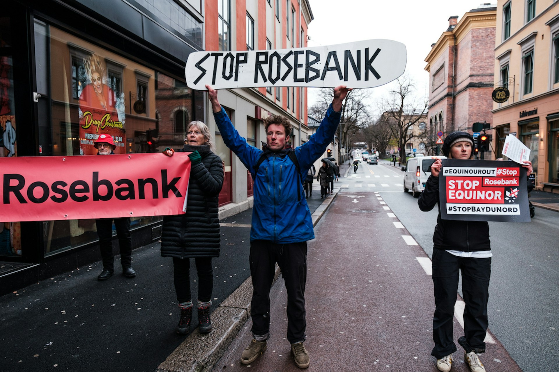 Calum, Frida, and fellow activists at a Stop Rosebank protest in Norway.